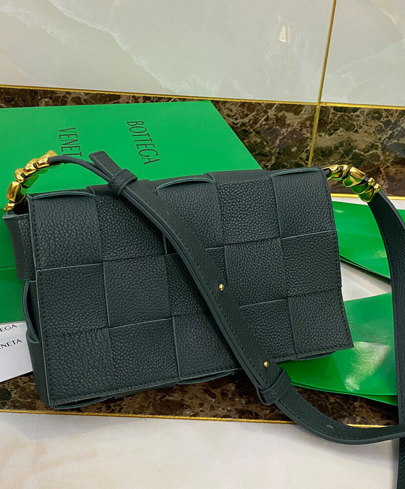 Bottega Veneta Cassette Intreccio Leather Cross Body Bag Dark Green